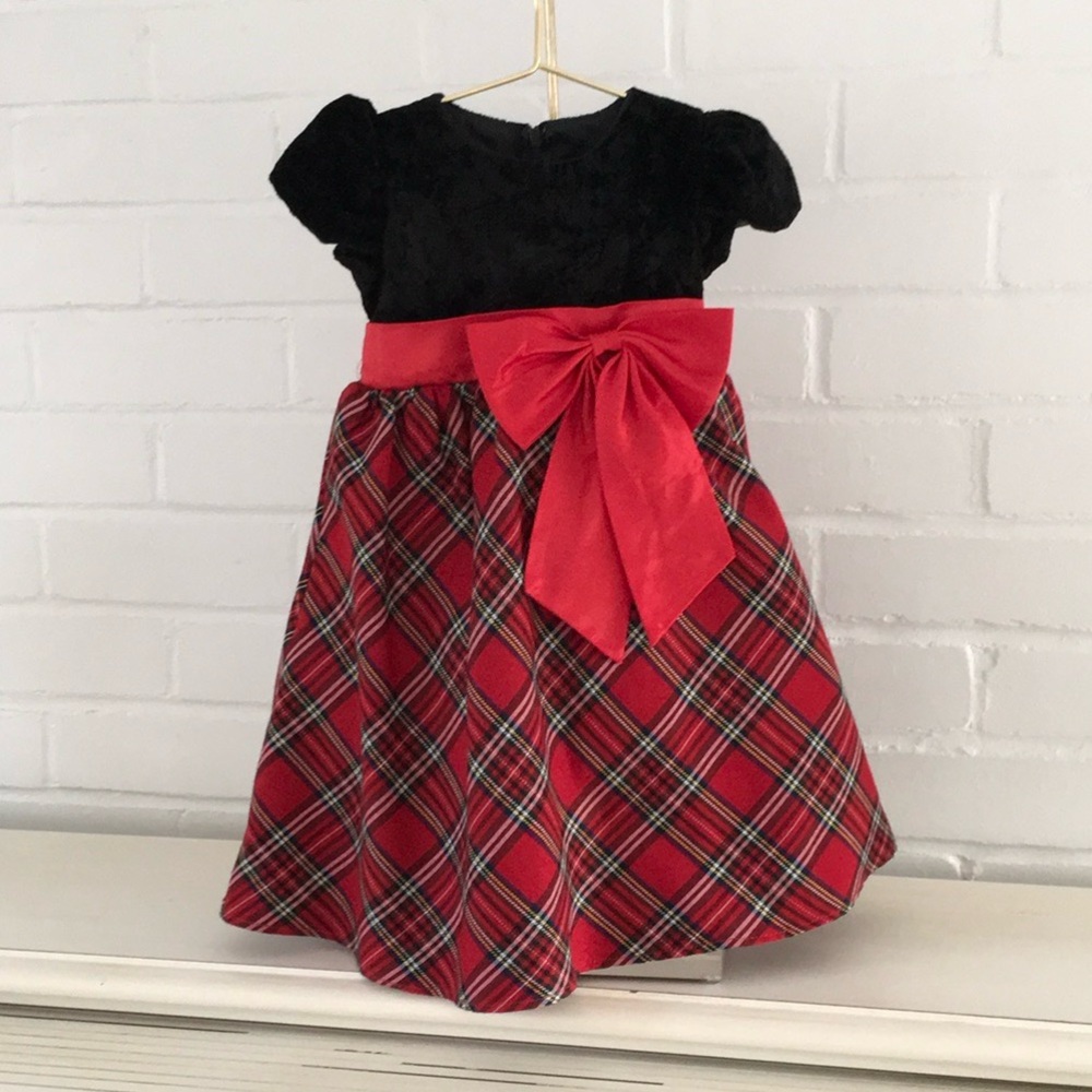Toddler Girls Classic Christmas Plaid Dress With Big Red Bow Size 18-24 Months